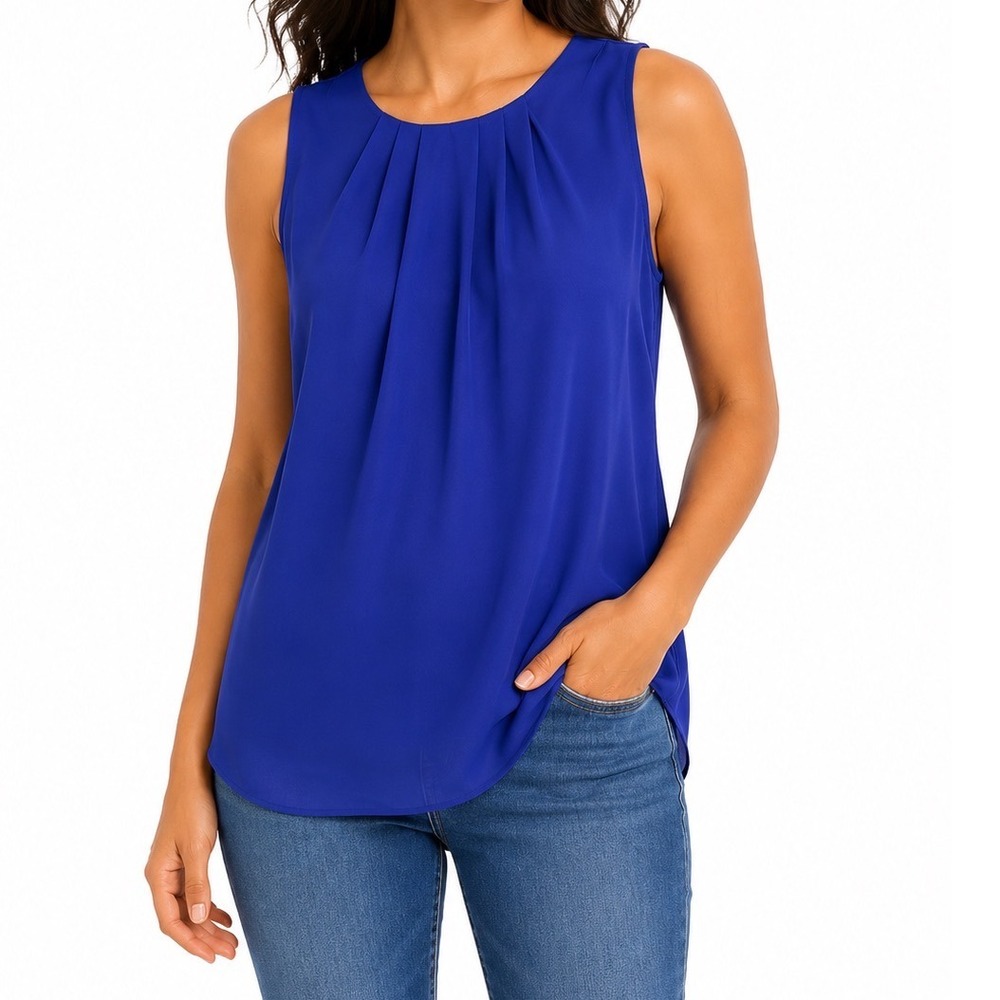 Talbots Petites Blue Pleated Neck Sleeveless Shell Blouse Top PL NWT - Picture 1 of 12